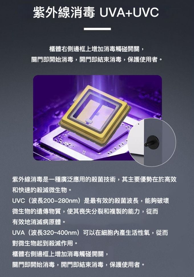 U牛 - 3代標準/旗艦款快充iPad平板電腦充電櫃 (15-60位) - 紫外線消毒 UVA+UVC 櫃體右側邊框上增加消毒觸碰開關, 關門即開始消毒,開門即結束消毒,保護使用者。