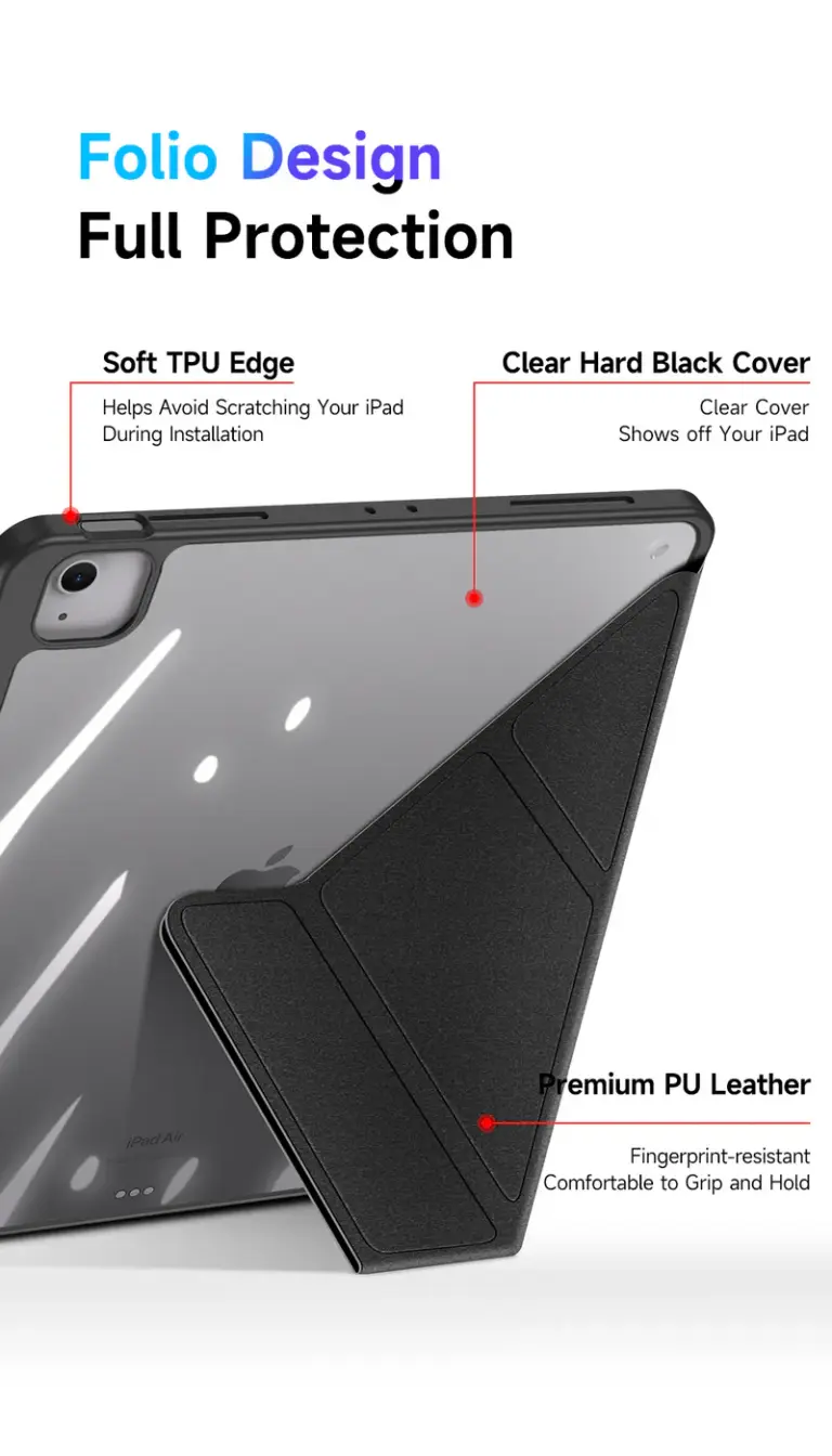 對開設計 全面保護 軟質 TPU 邊緣 透明硬黑封面 優質 PU 皮革