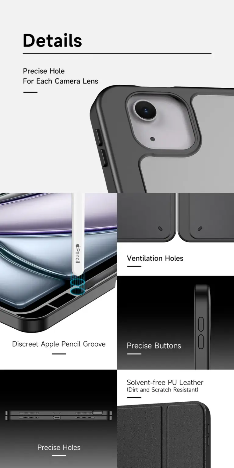 細節 精密孔 對於每個相機鏡頭 鉛筆 通風孔 隱蔽式 Apple Pencil 凹槽 精確的按鈕 10 0 無溶劑PU皮革（防污防刮） 精確的孔