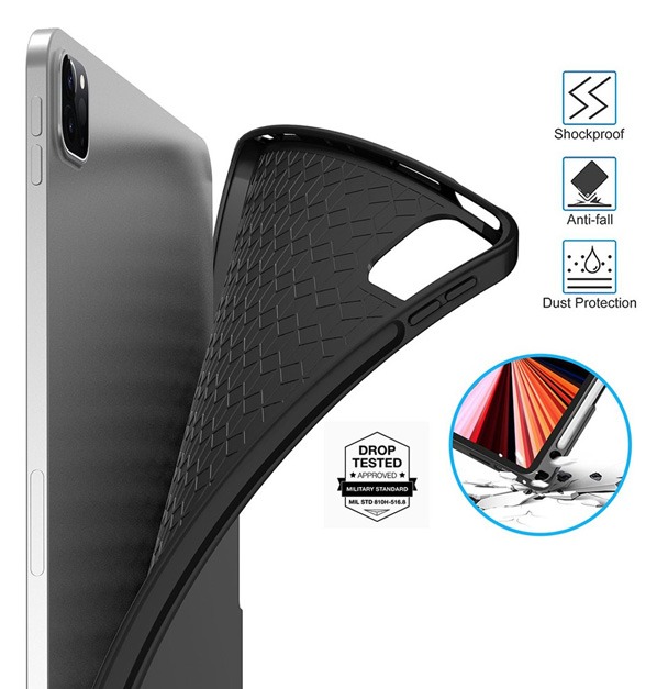 軟矽膠保護套 內部耐用的 TPU 材質可以固定您的 iPad，保護其後蓋和四個角落，最大限度地保護您的 iPad 免受跌落和刮擦。