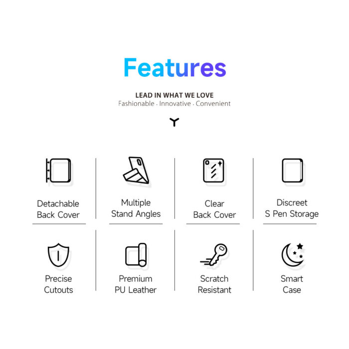 特徵 可拆卸後蓋 多種站立角度 透明後蓋 謹慎的 S Pen 儲存空間 精確的切口 優質 PU 皮革 耐刮擦 智慧箱