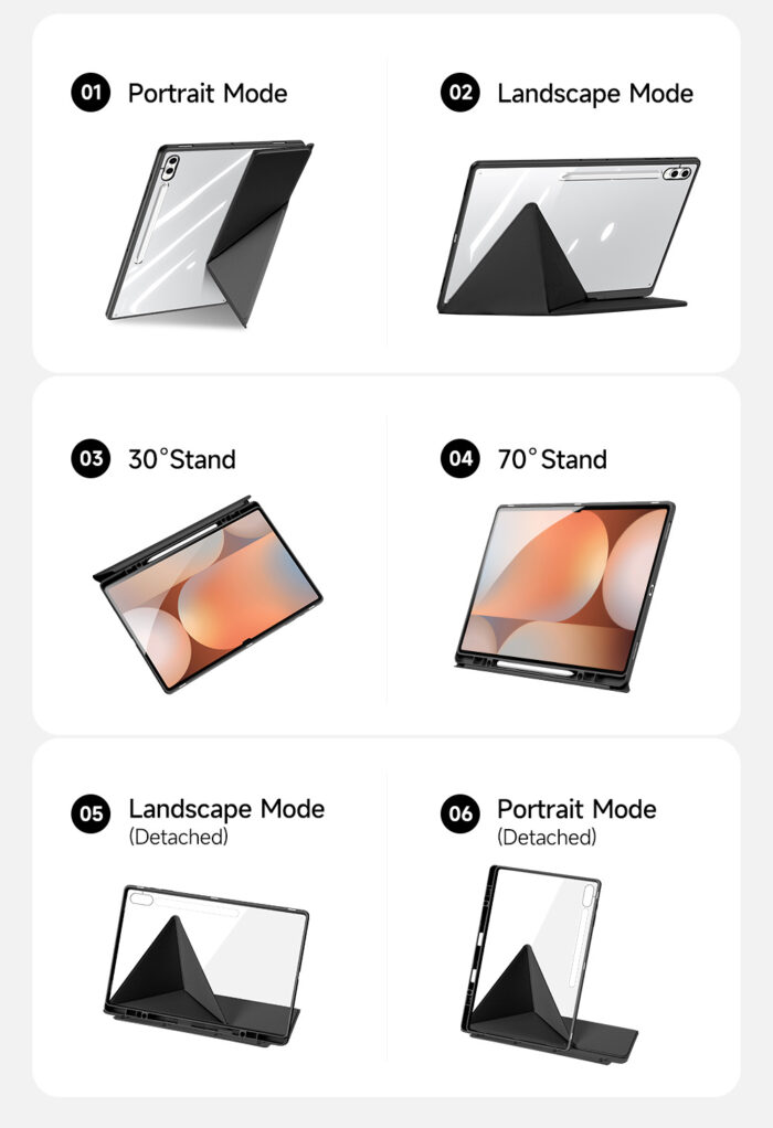 01 人像模式 02 橫向模式 03 30°站立 04 70°支架 05 風景模式（獨立） 06 肖像模式（獨立）