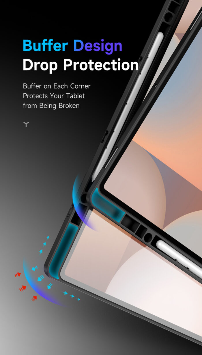緩衝器設計跌落保護 每個角落都有緩衝區 保護您的平板電腦