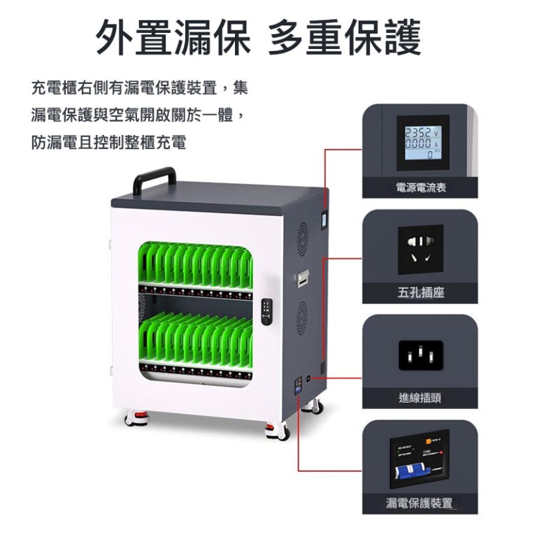 充電櫃底部電源具有短路保護、過載保護、適配電流等功能;