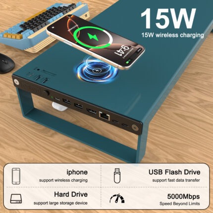 支援iPhone 無線充電。15W無線充電。支援大儲存設備，USB隨身碟。 支援快速資料傳輸，5000Mbps 超高速。